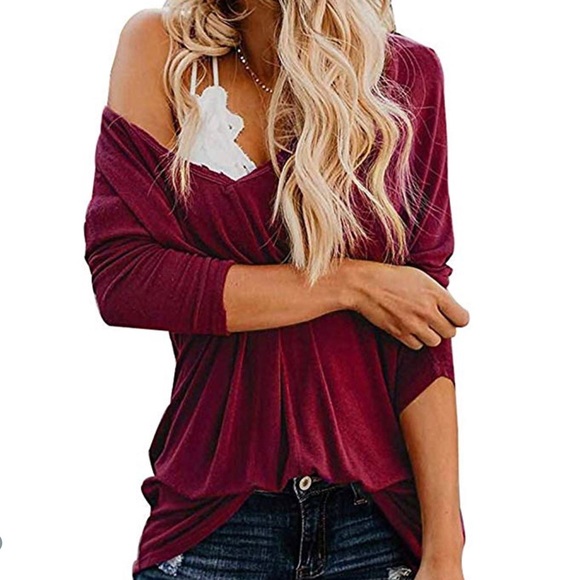 Tops - Red deep v neck long sleeve top